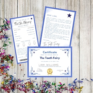 Carta del Hada de los Dientes Azules, carta para niños del Hada de los Dientes imprimible, recibo editable, carta y certificado, nota del primer diente