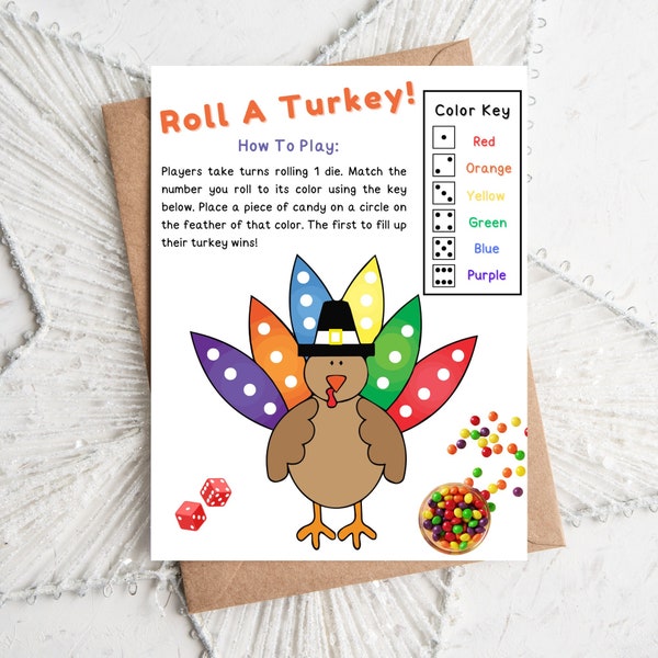 Roll A Turkey game, Thanksgiving or Friendsgiving candy dice game, party printables, fall printable games for kids