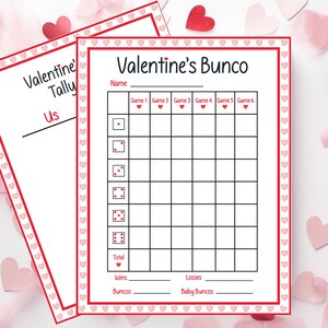 Afdrukbaar spel Valentijnsdag Bunco, Valentijnsdag Bunco-kaarten, Valentijnsdagspellen voor tieners, Valentijnsdagspellenkerk, Galentinespellen
