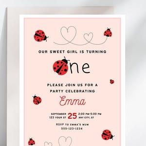 Ladybug Party Invitation, pink printable Lady Bug Invite for a girls 1st birthday