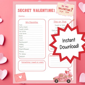 May include: A printable Valentine's Day card with a pink background and hearts. The card has a section for the recipient's name, a list of questions to answer about their favorite things, and a section for allergies. The card also has a section for the sender to write a message.