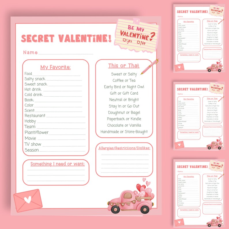 Valentine Secret Pal Printable Secret Valentine Questionnaire Work Gift Exchange Party Etsy