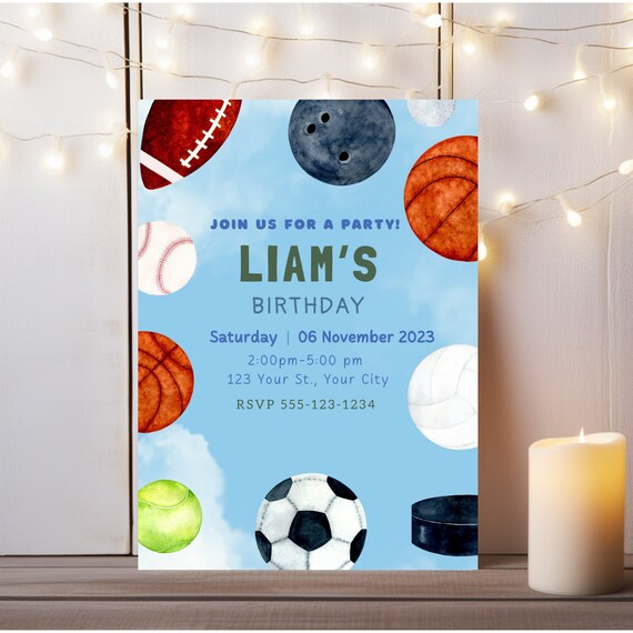All-Star Party Invitation, Sports Theme Birthday Invite Cards With
