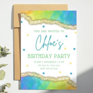Invitación de cumpleaños arco iris, invitación de cumpleaños de niña de 12 años, cumpleaños número 11 de niñas, descarga instantánea, cumpleaños femenino, séptimo cumpleaños colorido
