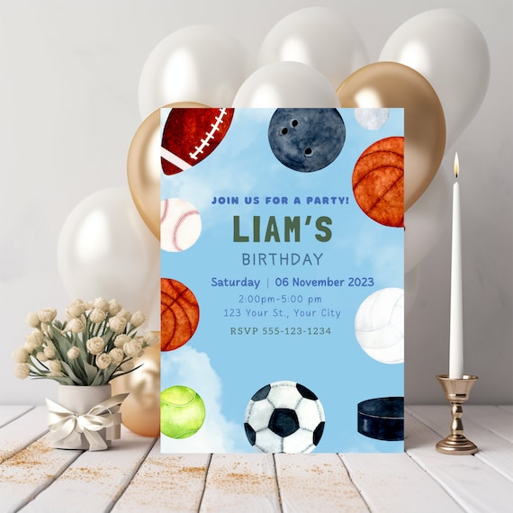 All-Star Party Invitation, Sports Theme Birthday Invite Cards With