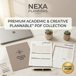 Peut inclure: Une collection de planificateurs PDF numériques intitulée Nexa Planners Studio Premium Academic & Creative Plannable. L'ensemble comprend divers modèles pour les objectifs semestriels, les emplois du temps hebdomadaires et mensuels, avec du texte en anglais et en arabe.