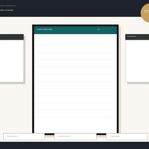Peut inclure: Un modèle de planificateur numérique comprenant une grande page centrale avec un en-tête bleu sarcelle foncé, des lignes horizontales et deux panneaux latéraux plus petits. Le design inclut un cercle doré et des zones de texte en bas.