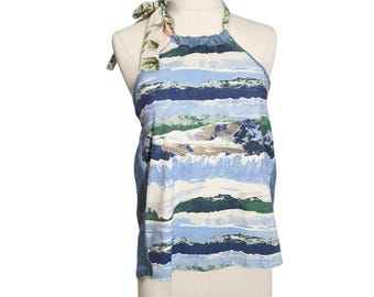 Upcycled Halter Top — Blue Horizon Bloom. One‑of‑a‑kind. Handmade in NYC.