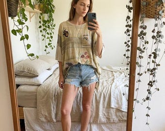 Upcycled Oversized Cotton Mesh Tee — Handmade Appliqués —  One of a Kind — L/XL Fit