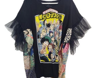 Upcycled black T‑shirt with tulle ruffle sleeves Unique boho piece