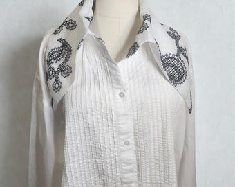 Reworked White Tuxedo Shirt with Large Embroidered Collar & Hand‑Stitched Art