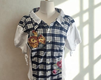 Blusa floral de patchwork hecha a mano – Algodón reciclado – Pieza única