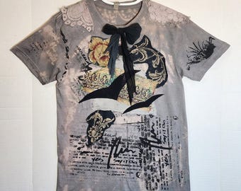Unique Upcycled T-Shirt with Silk Screen, birds and bow