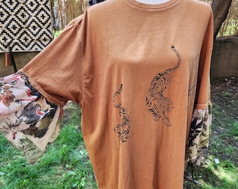 Urban outfiters oversized t-shirt cameo tan color upcycled reworked tigers
