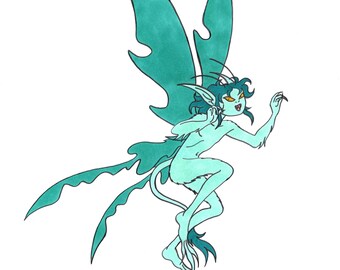 May include: A teal blue fairy with large wings and a long tail. The fairy has a mischievous expression with a wide open mouth and sharp teeth.