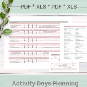 May include: A white document with the text "PDF * XLS * PDF * XLS" and "2021 Primary Activities" is displayed. The document is a planner with various activity categories and checkboxes. The words "Activity Days Planning" are at the bottom.