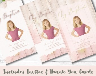 LDS Baptism Program Girl | Easy-edit Canva Template | Baptism Kit with Invitations and Thank You Cards | Pink Flowers and Pink-washed Wood