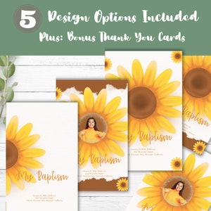 Puede incluir: Cinco diseños diferentes para una invitación de bautismo con un girasol con una foto de una persona en el centro. El texto "My Baptism" está en cada diseño. El texto "January 21, 2004, 10:00 am East Riverside Chapel 2324 E Mountain Way, Riverside, California" está en uno de los diseños.
