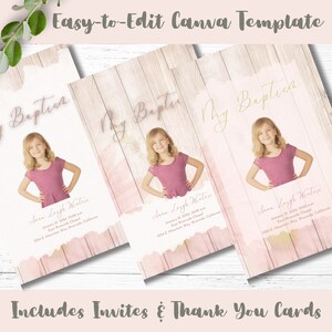LDS Baptism Program Girl | Easy-edit Canva Template | Baptism Kit with Invitations and Thank You Cards | Pink Flowers and Pink-washed Wood