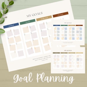 May include: Goal planning sheets with the title "MY GOALS" and sections for Spiritual, Social, Intellectual, and Physical goals. Each section has blank spaces for notes. The text "Goal Planning" is at the bottom.