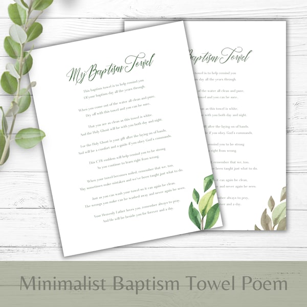 LDS Baptism Towel Card Girl or Boy | Baptism Towel Poem | Great Baptism Gift | Printable Download | 2 Color Options! |PNG and PDF Included