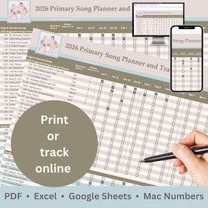 Peut inclure: Un planificateur de chansons numérique pour 2026, affiché sur un écran d'ordinateur et un smartphone. Le planificateur comprend une liste de contrôle et des titres de chansons. L'image présente également le texte "Imprimer ou suivre en ligne".