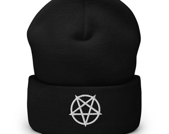 White Pointed Inverted Pentagram Occult Embroidered Cuffed Beanie Cap