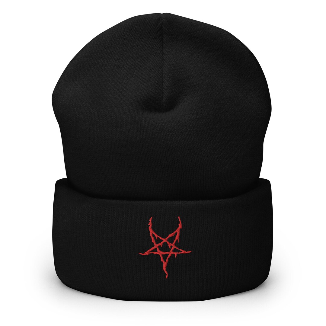 Red Horror Inverted Pentagram Death Metal Embroidered Cuffed Beanie Cap ...