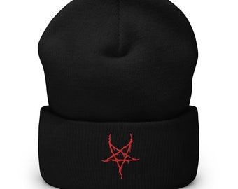 Red Horror Inverted Pentagram Death Metal Embroidered Cuffed Beanie Cap