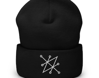 White Sigil of Fallen Angel Azazel Symbol Embroidered Cuffed Beanie Cap