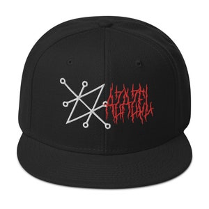 May include: Black and red embroidered baseball cap with a white star symbol and the text "AZRAEL" in a gothic font.