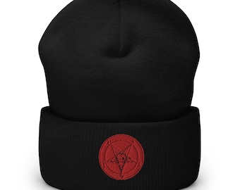 Red Satanic Sigil of Baphomet Classic Occult Embroidered Cuffed Beanie