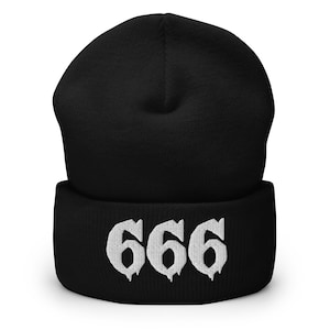 May include: Black beanie with a white embroidered "666" on the cuff.