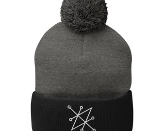 White Sigil of Fallen Angel Azazel Symbol Embroidered Pom-Pom Beanie Cap