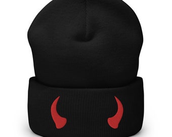 Red Devil Horns Sign of Satan Embroidered Cuffed Beanie Cap