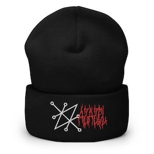 May include: Black beanie with a white pentagram and the text "AZAZEL" in red embroidered on the front.