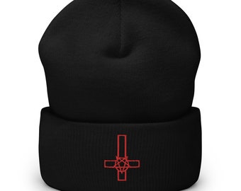 Pentacross Inverted Pentagram Cross Embroidered Cuff Beanie
