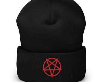 Red Pointed Inverted Pentagram Occult Embroidered Cuffed Beanie Cap