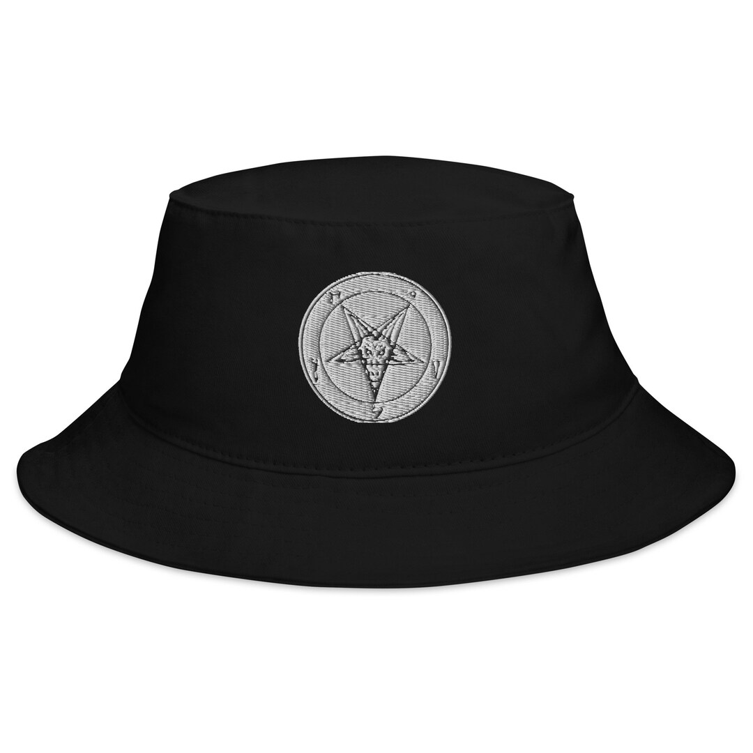 White Baphomet Sigil Cuff Beanie – Embroidered Gothic Hat For Alt Streetwear, Occult & Horror Fashion