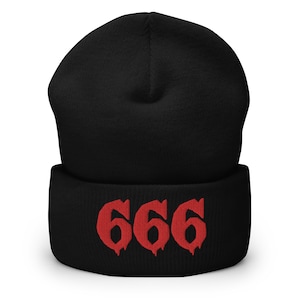 May include: Black beanie with a red embroidered "666" on the cuff.