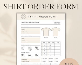 Editable T-shirt Order Form Template, Printable Small Business Order Form, Custom T Shirt Order Form, Craft Order Form, Canva Template