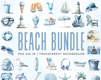 Strand PNG Bundle, Sommer Clipart, Küsten Grafiken, Strand Journal Aufkleber, Sommer Strand Vibes Blau Ozeanische Küste PNG