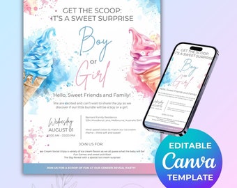 Whats The Scoop Gender Reveal Invitation Editable Printable, Boy or Girl Ice Cream Summer E-Invitation Party Invite, Card Instant DIY