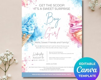 May include: A gender reveal party invitation with a watercolor design. The invitation features blue and pink ice cream cones, with the text "Boy or Girl". The Canva template includes event details and a call to action.