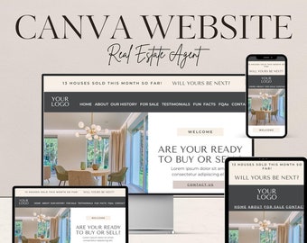 May include: A Canva website template for real estate agents. The template features a modern design with a light gray background and a black and white color scheme. The template includes a header with the text "Canva Website" and "Real Estate Agent". The template also includes a section with the text "13 Houses Sold This Month So Far! Will Yours Be Next?" and a section with the text "Are You Ready To Buy Or Sell?" The template is designed to be easily customized with your own photos, text, and branding.