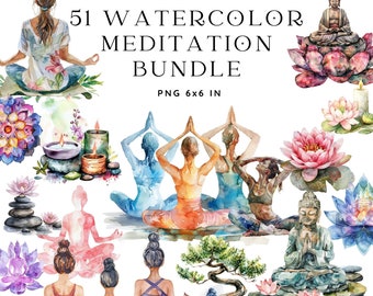 Watercolor Meditation Bundle, Mindful Yoga PNG, Mandala Relaxation Fitness Clipart