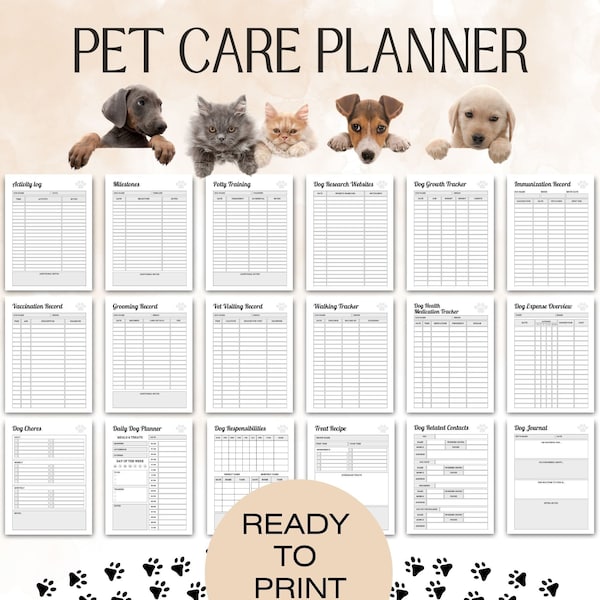 Pet Records, Dog Training Planner, Pet Planner, Dog Training Log, Pet Care Planner, Pet Health Record Pet Journal Pet Sitter Notes New Puppy