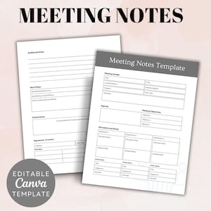 Op de afbeelding: Een zwart-witte vergadernotitie sjabloon met de titel "Meeting Notes Template" en secties voor vergaderdetails, agenda, vergaderdoelstellingen, discussie en notities, en actiepunten.