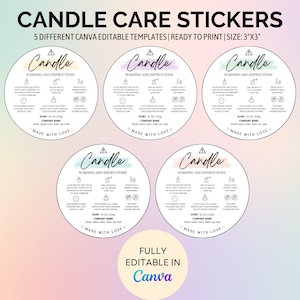 Könnte beinhalten: Fünf druckbare Aufkleber-Vorlagen für die Kerzenpflege in Canva. Jeder Aufkleber ist 7,6 cm x 7,6 cm groß und verfügt über ein pastellfarbenes Farbschema mit einer Warnung und Anweisungen zur Kerzensicherheit. Der Text enthält "Candle", "Warning and Instructions", "Scent", "Company Name" und "Made with Love".