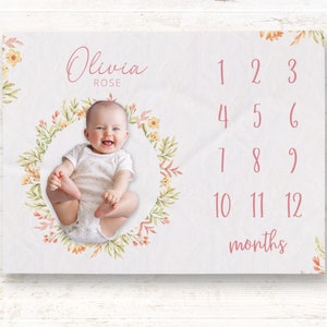 Floral Baby Milestone Deken Meisje, Gepersonaliseerde Meisjesdeken, Volg de babygroei, Maandelijkse groeideken, Babymeisjesdeken
